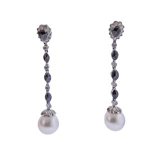18k Gold Black Diamond South Sea Pearl Drop Earrings