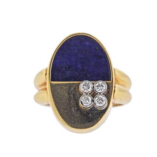 1970s 18k Gold Lapis Diamond Ring