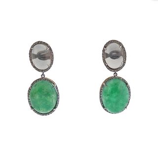 18k Gold Emerald Moonstone Diamond Earrings
