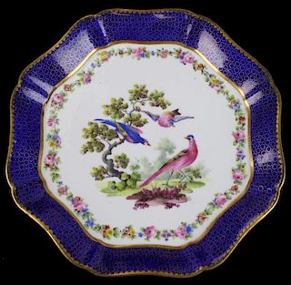 19th c Sevres porcelain scalloped form dish with gilt cobalt border and handpainted floral and bird