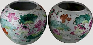 pr of late 19th c Chinese round enamel decorated jardiniere planters, dia 19”, ht 15”