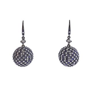 18k Gold Diamond Sapphire Ball Drop Earrings