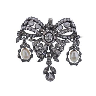 Antique Silver Rose Cut Diamond Pearl Pendant Brooch
