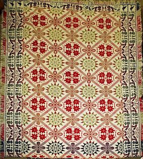 unusual mid-19th c 4 color homespun wool & cotton coverlet made using 3 mixed colors of wool to crea