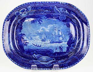 deep blue Historical Staffordshire porcelain platter by Wood with scene of "Christianburg Danish Set