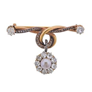 Fedor Lorie Antique Russian 14k Gold Diamond Pearl Brooch