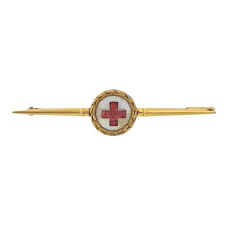 Antique Russian 14k Gold Enamel Red Cross Brooch 