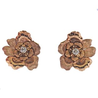 14k Gold Diamond Rose Flower Earrings