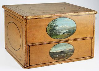 19th c Vermont paint decorated 1 drawer storage box with scenes of Lake Champlain & Charlotte villag