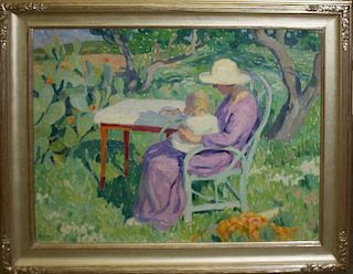 Blanche Camus (French 1881-1968) Mother and Child in the Garden o/c 30 x 36" signed lower left BL Ca