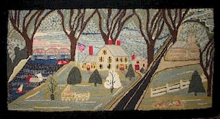 folky 1940's Addison County, VT hooked rug with view of Lake Champlain, bridge, fort, & church, desc