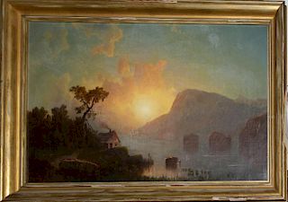 William Sheridan Young (American 19th C) Evening on Lake Winnepiseogee o/c 12 x 20" signed WS Young
