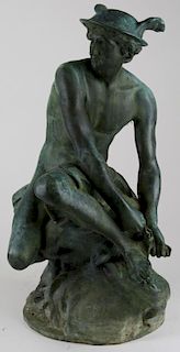 after Jean-Baptiste Pigalle (1714-1785) bronze sculpture “Mercury Affixing His Sandals” descending f