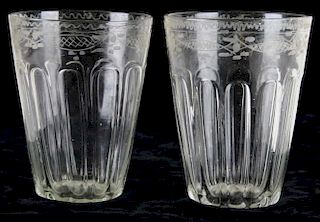 Pair of early blown clear Steigel type fluted and etched rim flip glass tumblers 6" x 4.5"