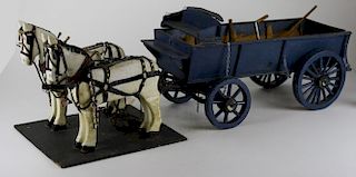 mid- 20th c painted wooden model pr of work horses, 2 work sleds, wagon, & hand tools, one sled insc