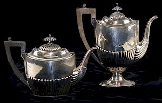 Whiting sterling tea service, stop-fluted Neo Classical design with carved wooden handle, including