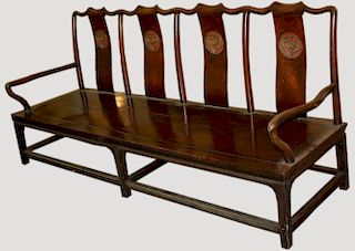 18th c Chinese red elm carved settee, originally from U.S. Embassy circa 1949. 84"l x 39"h x 26"d.
