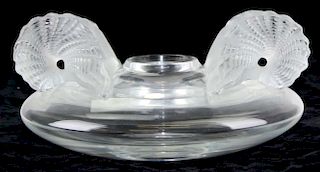 monumental signed Lalique crystal art glass double shell handled low bulbous vase 5.5" x 12"