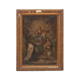 ANÓNIMO. Virgen del Carmen entregando escapulario con a Santo y Niño Jesús entregando corona de olivo a mártir. Óleo sobre tela 54x38cm