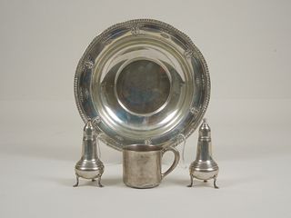 Sterling Silver Bowl, Cup & 2 Shakers.