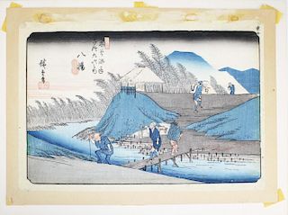19th c Hiroshige I (1797-1858) Japanese ukiyo-e  woodblock print, 8.5” x 13.5”