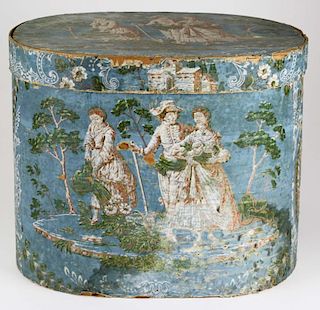 early 19th c wallpaper band box/ hat box with lid, 1830 newspaper lining, minor damage to rim & some
