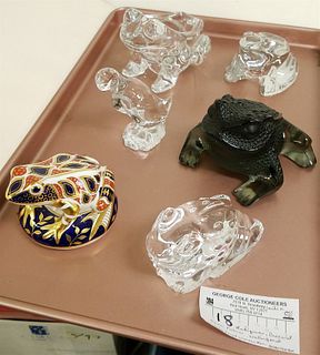 TRAY CRYSTAL FIGURINES LALIQUE GREEN FROG (CHIP ON FOOT) BACCARAT FROG (TINY CHIP) ART FRANCE FROG, WATERFORD FROG ROYAL WORCHESTER FROG