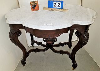 VICT WALNUT MARBLE TOP CENTER TABLE (MARBLE REPAIRED) 29 1/2"H X 41 1/2"W X 30"D