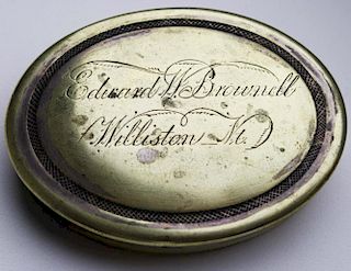 mid 19th c oval silver plated snuff box engraved Edward W. Brownell, Williston, VT (Edward Wells Bro