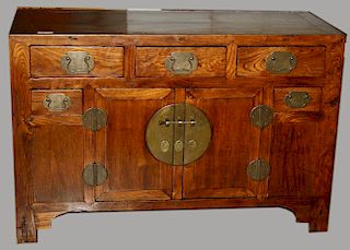 19th c Chinese elm and pine sideboard five short drawers over four cupboard doors. Original hardware