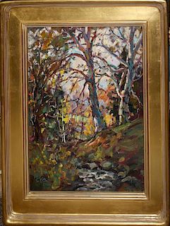 Thomas R Curtin (Vermont 1899-1977) Woodlands in bloom- o/b 20 x 16" estate stamped lower left