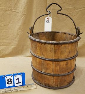 PRIM WOODEN BUCKET W/ WROUGHT HANDLE AND STAYS 12"H X 13" DIAM