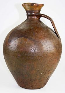 early 19th c unusual form redware ovoid jug with pouring spout & handle, minor pockmarking glaze los