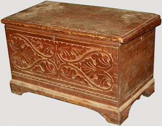 17th-18th c American carved oak and pine red painted bible box, initials TRM in front. Base restored
