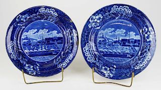 pair of Deep Blue Historical Staffordshire porcelain plates with transfer dec of the "Landing of Laf