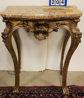C1800 SILVER GILT ROCOCO MARBLE TOP STAND (MARBLE HAS REPAIR r BACK CORNER) 36 1/2"H X 31"W X 20 1/2"D
