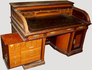 Wooton type roll top desk labeled D.S. Rickaby Quebec Mfg. Made of cherry and birdseye maple with sw