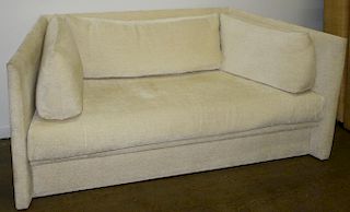 Contemporary angle sofa upholstered in cream neutral textured chenille, length 77.5”, depth  35”