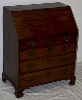 30" Chippendale mahogany and cedar slant front desk, old pierced brass not original. Interior of pig