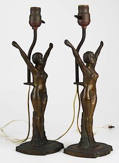 pr of bronze deco dancer table lamps, overall ht 17”