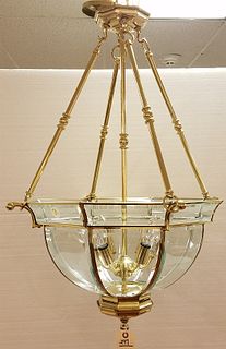 BRASS AND BEVELLED GLASS CHANDELIER 32"H X 19 1/2" DIAM