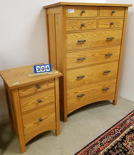 MISSION STYLE OAK 8 DRAWER CHEST 59"H X 39 1/2"W X 22 1/2"D W/ 3 DRAWER END STAND 32"H X 21"W X 19"D