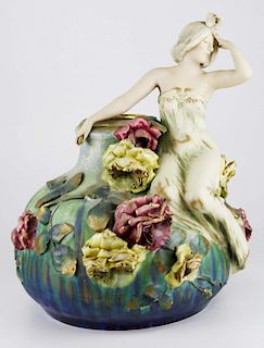 monumental Amphora Austria Art Nouveau era pottery vase with raised molded roses and female figure-r