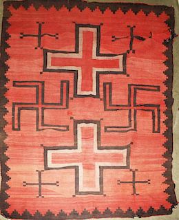 early 20th c Navajo blanket w/ crosses & two tumbling logs design, some damage, 6'10” x 5'