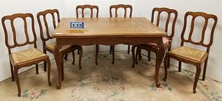 OAK PARQUET TOP REFECTORY TABLE W/ 6 CHAIRS
