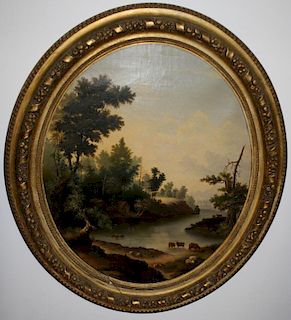 19th c Hudson River School Pastoral of cattle in the river o/c painted in spandrel 24 x 20"