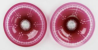 9 cut to clear cranberry glass dessert plates, possibly Pairpoint 8.25" dia -several with rim nicks