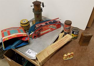 TRAY TIN TOP TOYS MARX AIRPLANE HANGER W/PLANE, JET ROLLER COASTER BY WOLVERINE ETC.