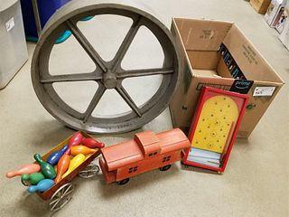 BX. PRIM. ITEMS- WOODEN WHEEL 20"DIAM., METAL TOY WAGON, WOOD CABOOSE, CHAD ALLEY PINBALL GAME