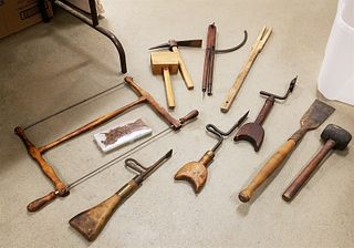 TUB PRIM. TOOLS- DEBARKING CHISEL, BAND SAW-DIVIDER COMPASS, BUTTERIS FARRIER'S TOOL ETC.